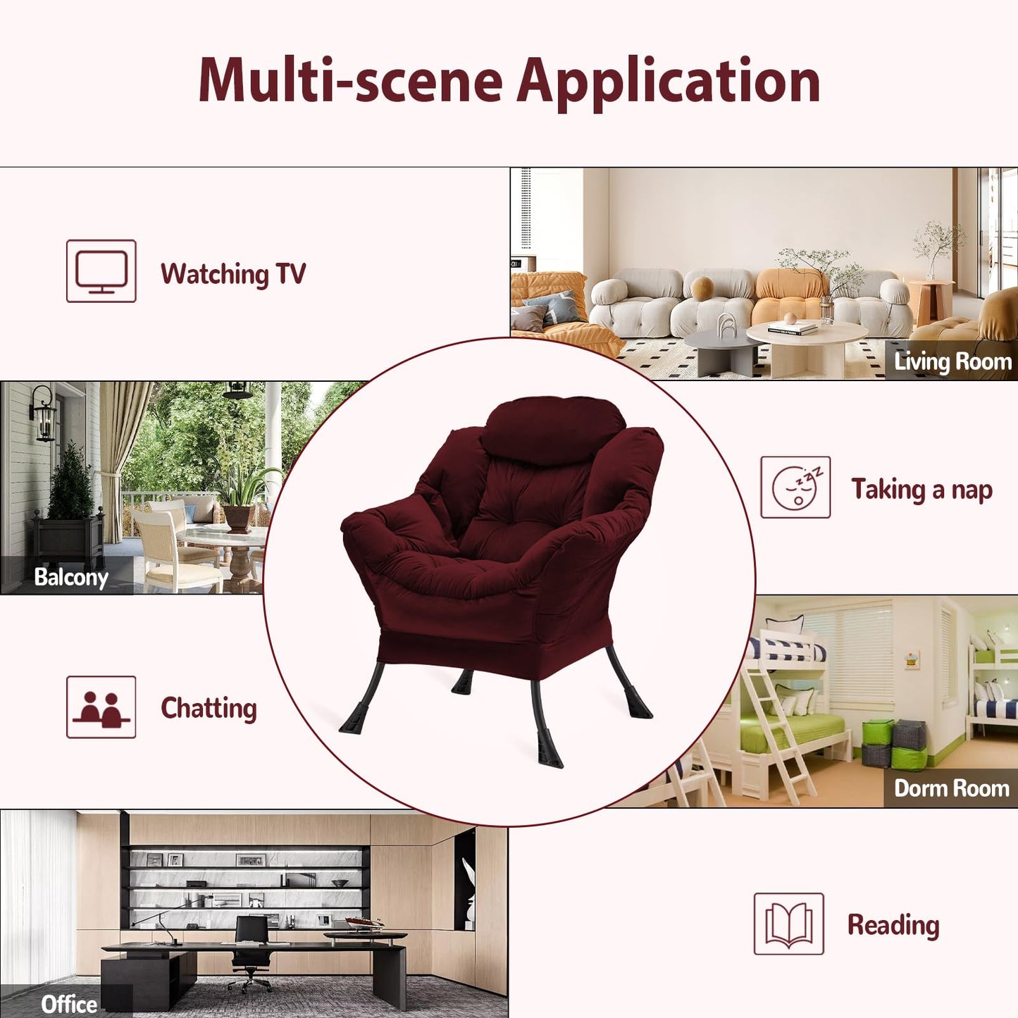 Youtanic Lazy Chair Thick Padded, Accent Chair Velvet Upholstered with Wide Seat, Stable Metal Frame and Non-Slip Pad, Modern Sofa Armchair with Side Storage Bag for Dorm, Room, Office, Burgundy