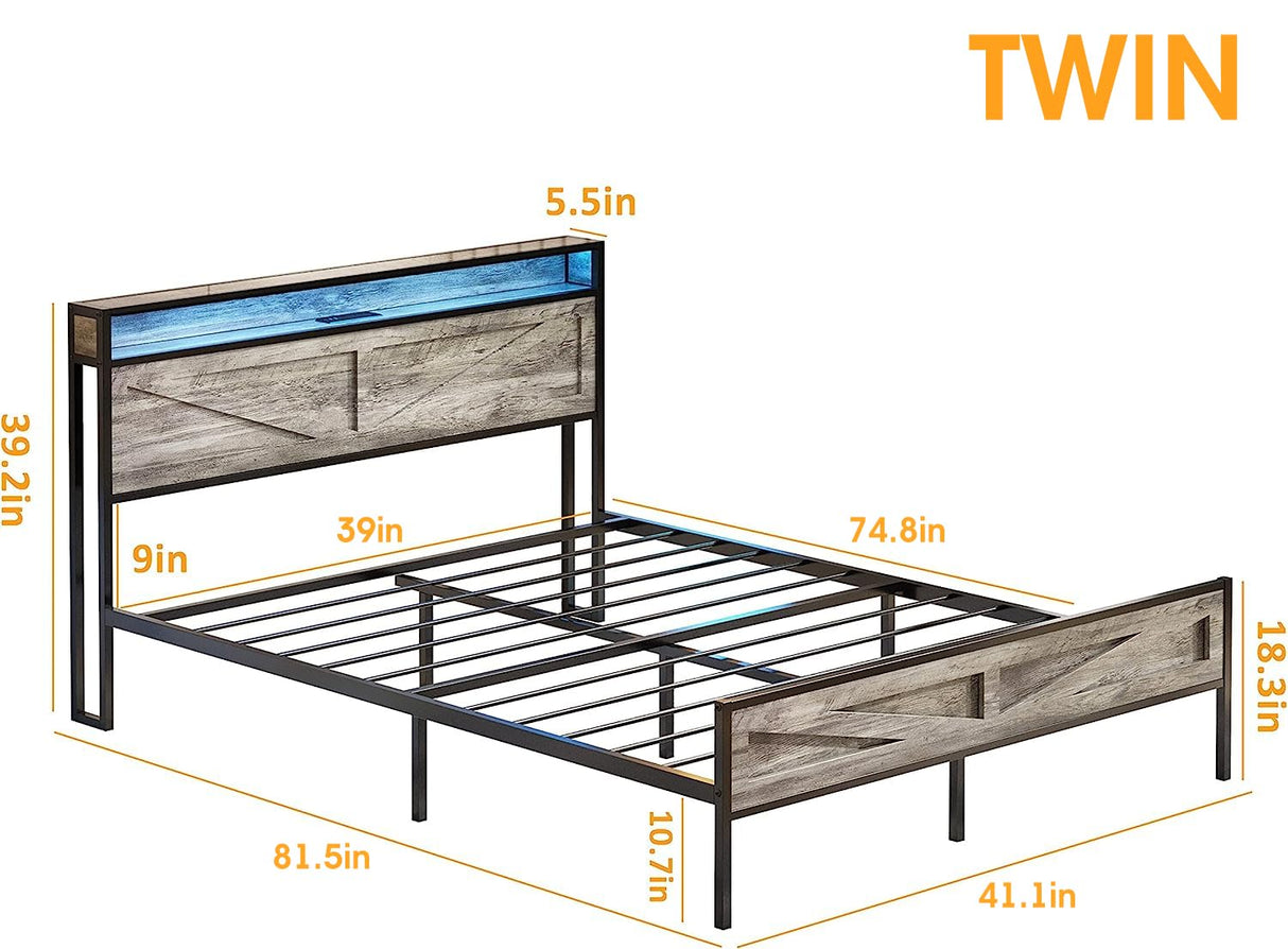 Halitaa LED Twin Size Bed Frame with Charging Station, Platform Metal Bed with Headboard Storage & USB Ports Outlets, Farmhouse Bed Frame with Lights for Bedroom, Noise Free, Wash Grey (Twin) Halitaa
