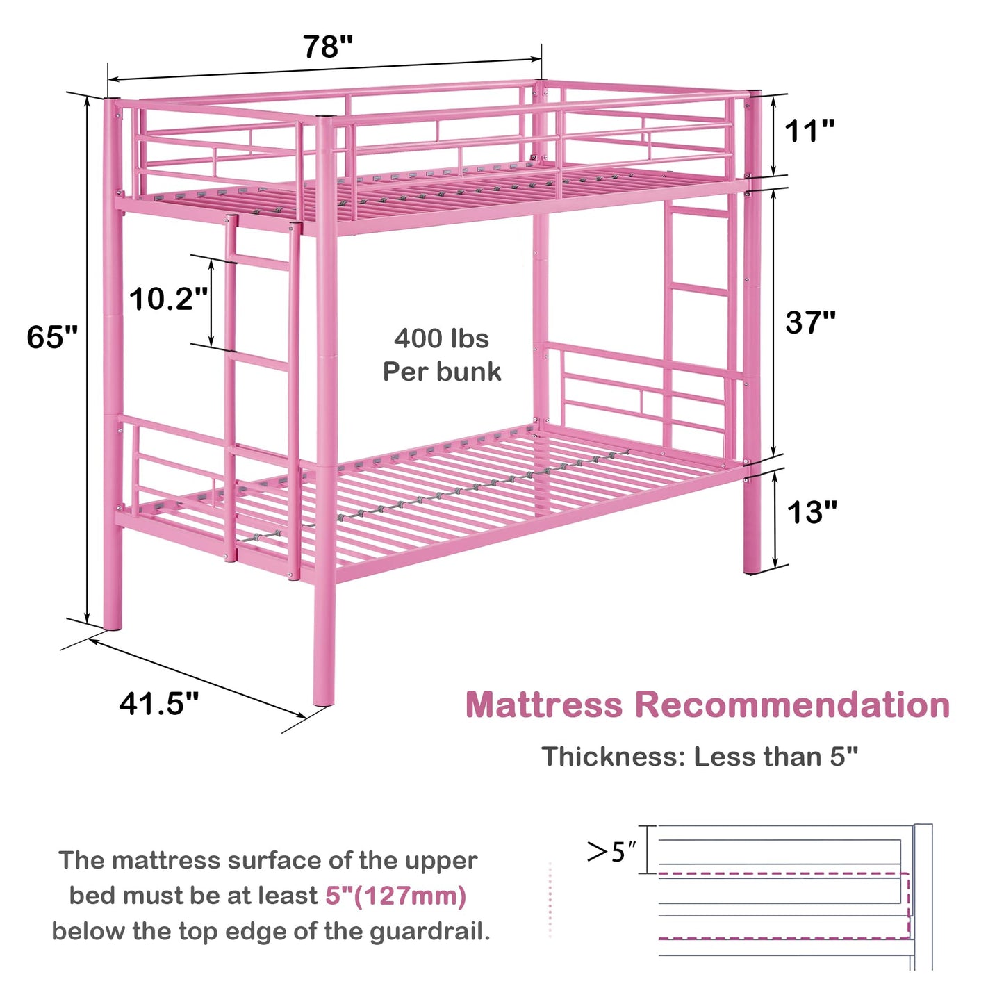 VECELO Bunk Bed Twin Over Twin, Metal Bunkbeds with Ladder and Full-Length Guardrail, No Box Spring Needed, Space Saving, Noise Free, Pink