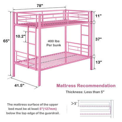 VECELO Bunk Bed Twin Over Twin, Metal Bunkbeds with Ladder and Full-Length Guardrail, No Box Spring Needed, Space Saving, Noise Free, Pink