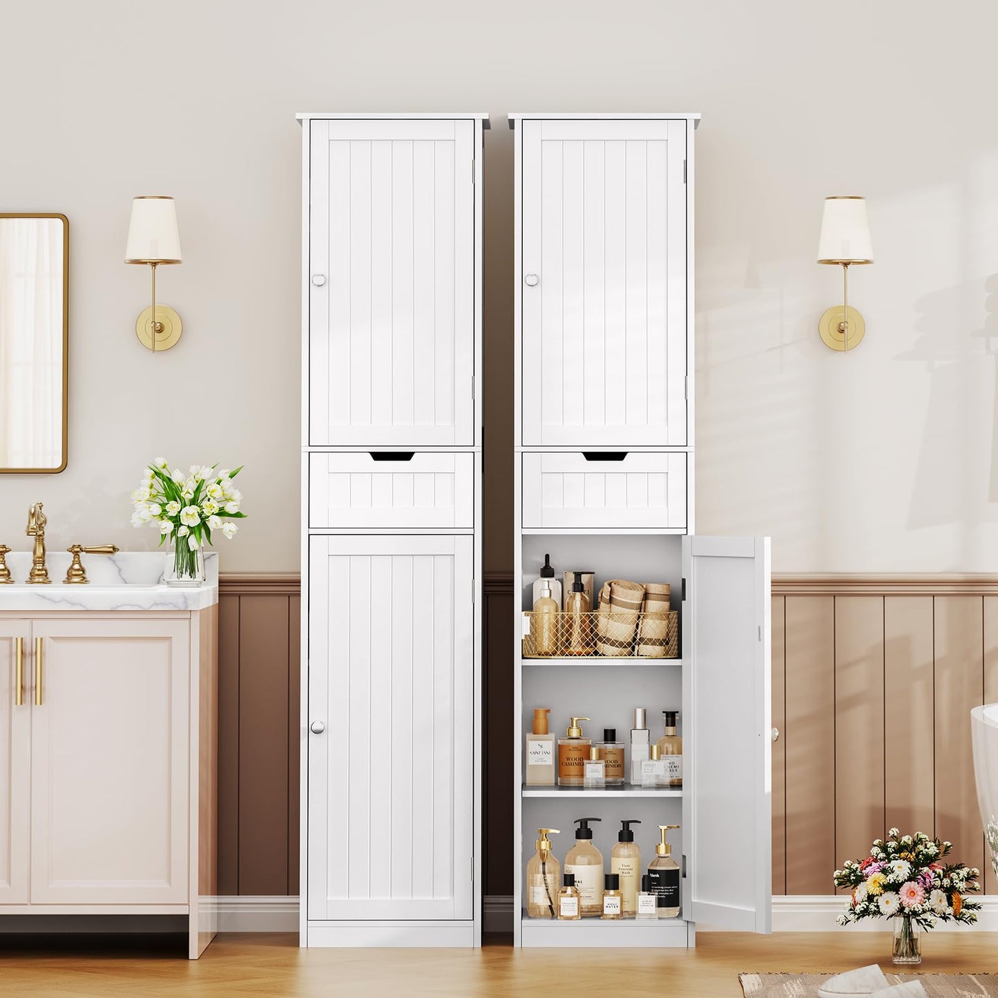 Iwell Tall Bathroom Cabinet, Storage Cabinet with 2 Doors & 1 Drawer, Freestanding Linen Cabinet with Adjustable Shelves, Floor Cabinet for Bathroom, Living Room, Home Office, White