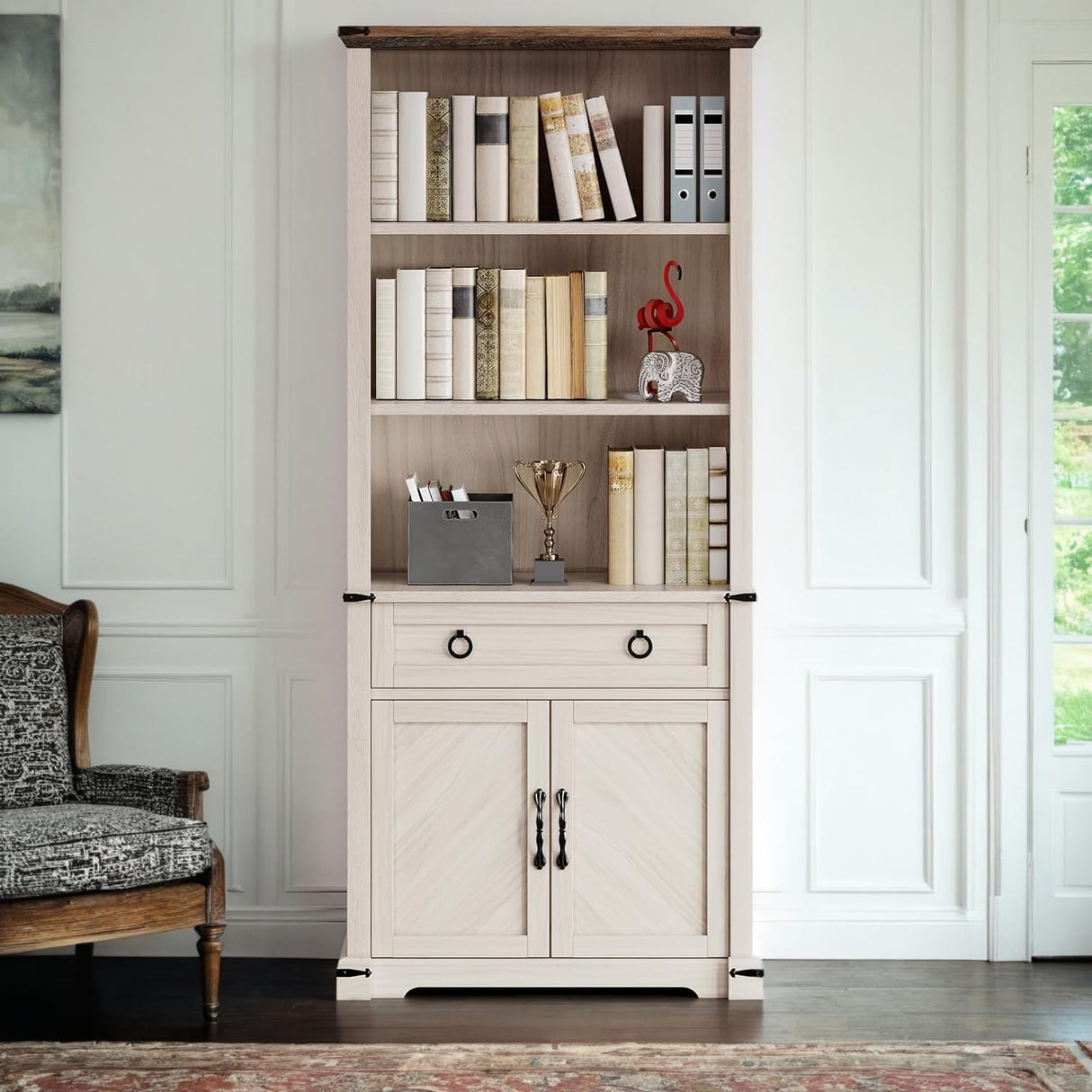 DWVO Bookcase with Doors & Drawers, Tall Bookshelf with Storage Shelves, Standing Display Shelf Organizer Rack for Home Office, Living Room, White+Walnut Grain DWVO