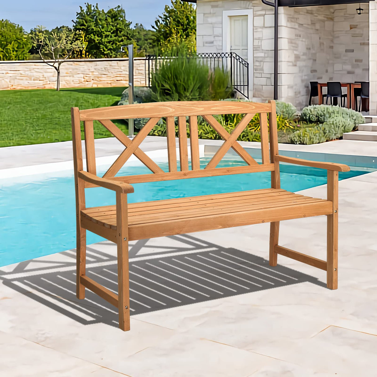 Outvita Wooden Garden Bench, Outdoor Wood Patio Bench, Rustic 2-Person Loveseat Chair w/Armrest for Porch Poolside Park Backyard Balcony, Capacity 605Lbs, X Backrest Outvita