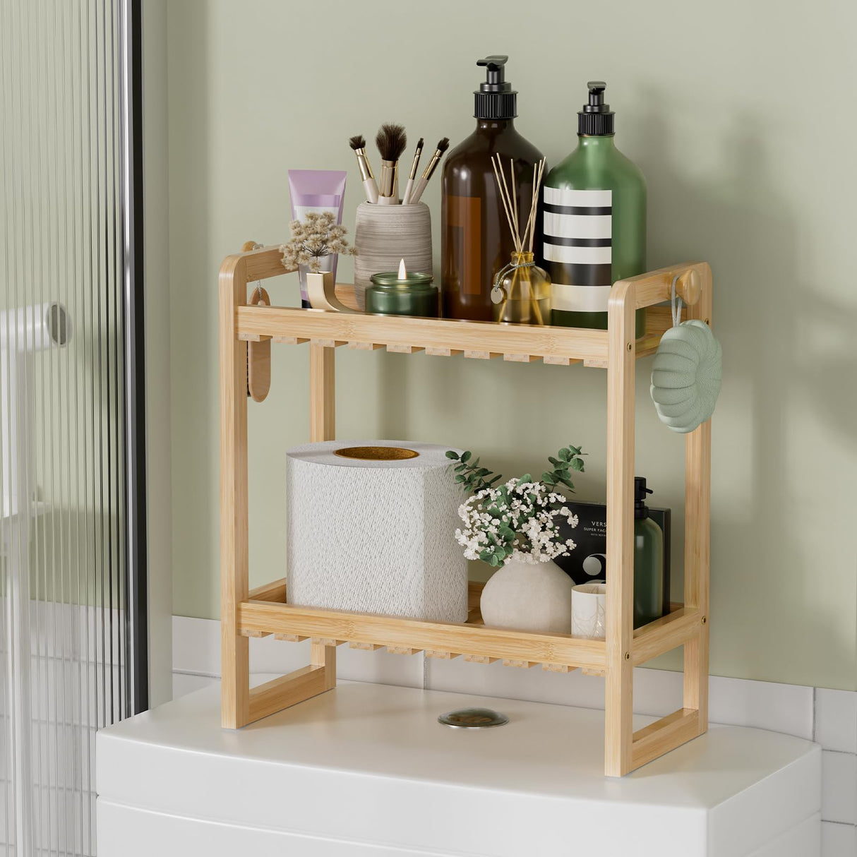 AmazerBath Bamboo Over The Toilet Storage Shelf - 2-Tier Bathroom Organizers and Storage Shelves, 2 in 1 Dual Stable Above Over Toilet Bamboo Shelf Home Storages Rack for Small Bathroom, Space Saver AmazerBath