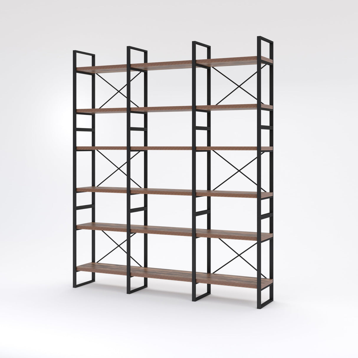 Antique Walnut Color Triple Wide 6 Tiers Bookshelves 71 * 12.6 * 85 Inches Black Brown Industrial Modern Contemporary MDF Metal Finish Includes Hardware WoodArtSupply