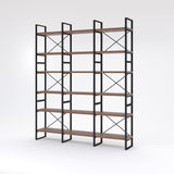 Antique Walnut Color Triple Wide 6 Tiers Bookshelves 71 * 12.6 * 85 Inches Black Brown Industrial Modern Contemporary MDF Metal Finish Includes Hardware WoodArtSupply