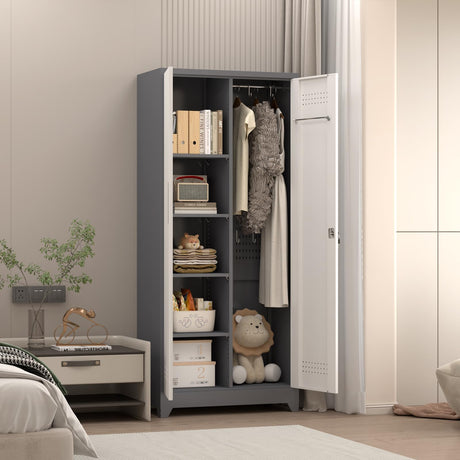 GREATMEET 65" Broom Storage Cabinet, Metal Utility Closet for Brooms and Mops, Cleaning Supply Cabinet with Pegboard, Multifunctional Metal Garage Mop Storage Closet, Grey&White GREATMEET