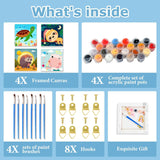 mrpwnle Framed 4 Pack Paint by Number for Kids, Paint by Numbers for Kids Ages 8-12, Painting by Numbers Kits Children Beginner, DIY Animals Acrylic Oil Painting Kits for Home Wall Decor 8x8inch mrpwnle