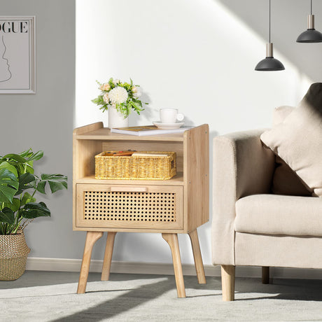 Lerliuo Rattan Nightstand, Boho Side Table with Drawer Open Shelf, Cane Accent Bedside End Table with Solid Wood Legs for Bedroom, Dorm and Small Spaces (Natural) Lerliuo