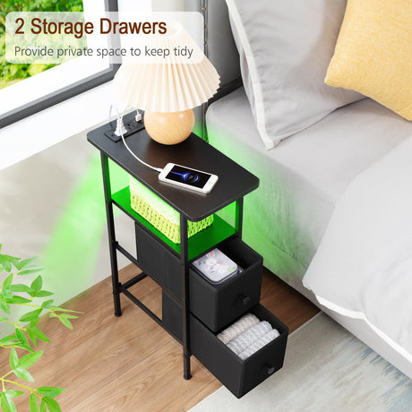 LOAKEKEL Narrow End Tables Living Room Set of 2 with Charging Station, Skinny Side Table with Fabric Drawers, Slim LED Nightstand for Bedroom, Small Spaces, Couch, Black, HETNDP02LBK LOAKEKEL