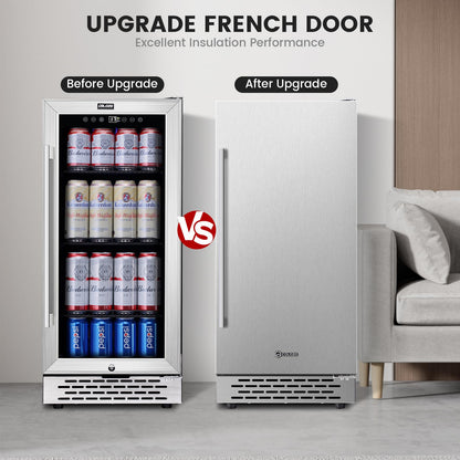 15 Inch Beverage Refrigerator, Weather Proof Stainless Steel Beverage Fridge, Under Counter Beer Mini Fridge, Indoor/Outdoor Refrigerator for 130 Cans, Beverage Cooler for Patio & Kitchen