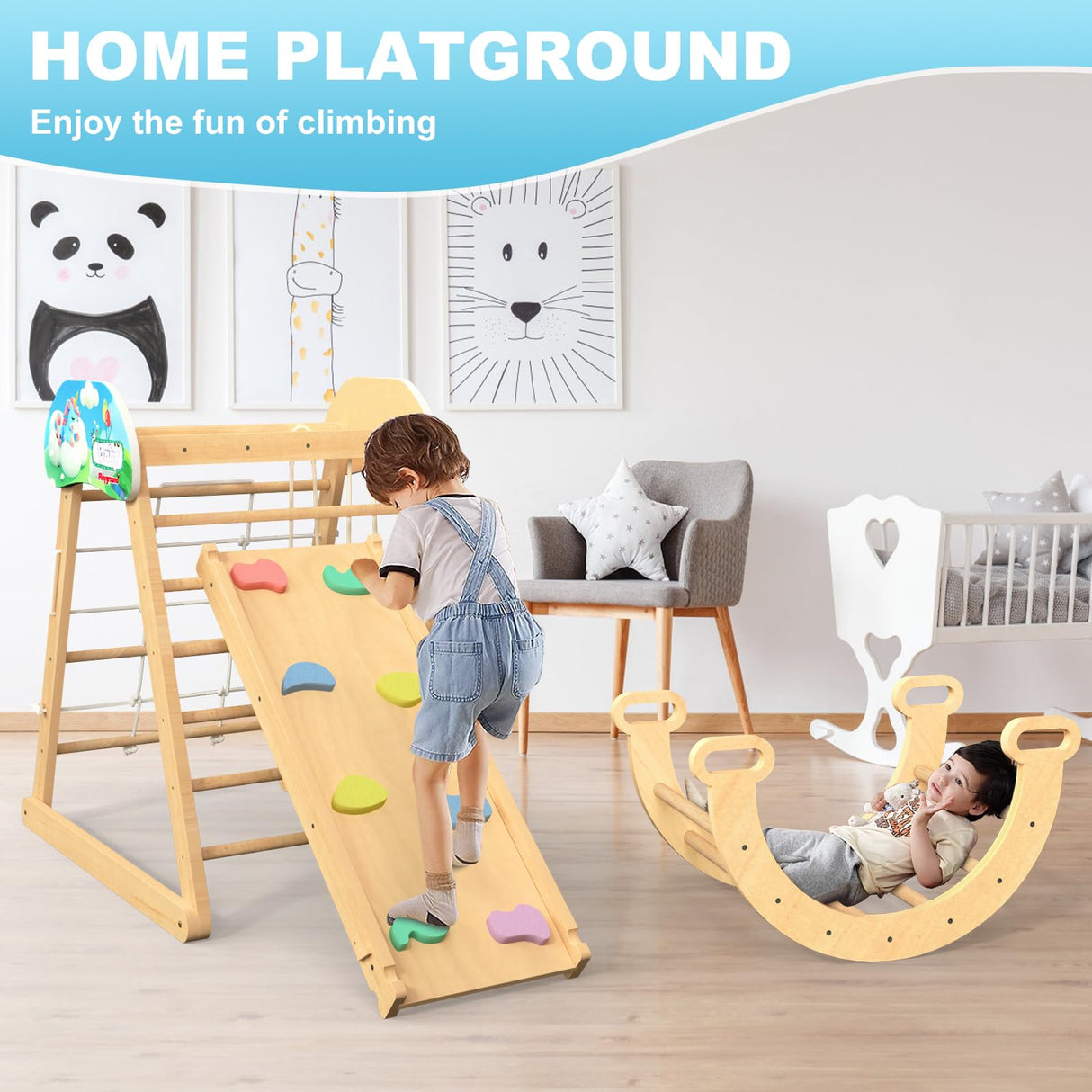 HAFTKD Pikler Triangle Set, 10 in 1 Wooden Climbing Toys for Toddlers, Montessori Indoor Climbing Ladder Gym with Slides, Climbing/Net, Arch Swing HAFTKD