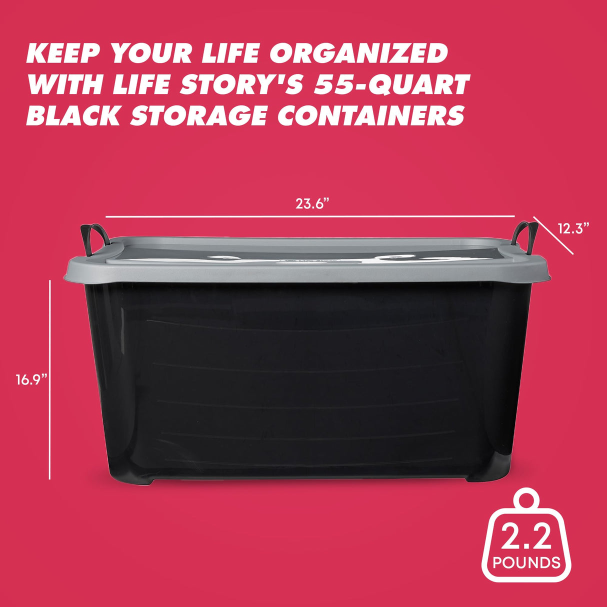 Life Story 6 Pack Heavy Duty Stackable Storage Bin, 55 Quart Home Organizer, Versatile Lightweight Locking Bins with Carrying Handles, Black/Gray Life Story