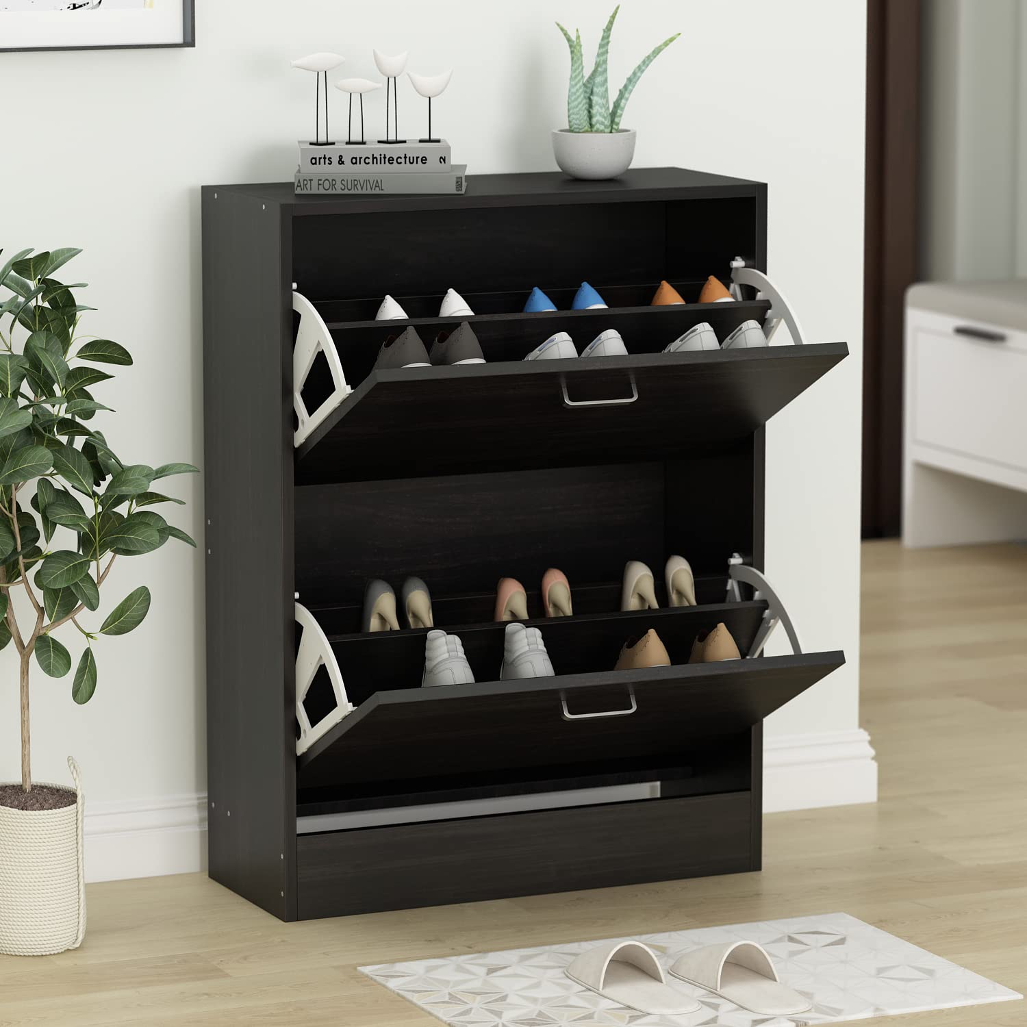 FUFU&GAGA Shoe Cabinet with 2 Flip Drawers for Entryway, Modern Storage Cabinet, Freestanding Rack Organizer (23.6”W x 9.4”D 31.4”H)(Black) - WoodArtSupply