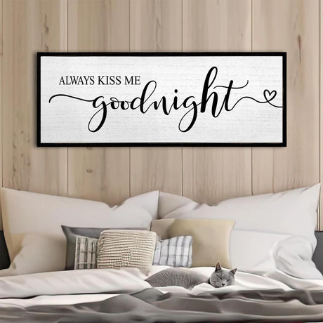 Always Kiss Me Goodnight Wall Sign 40''×15'' Vintage Master Bedroom Above Bed Farmhouse Wooden Framed Family Wall Decor for Larg Couples Over Bed Wall Art Decoration (Black) TQianJiang