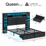Siihnon Queen Bed Frame with Bookcase Headboard and Storage Drawers, 51.2" Metal Platform Queen Size Bed Frame with Charging Station and LED Lights, Velvet Upholstered Tufted Bed Frames, Black Siihnon