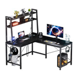 Flycity L Shaped Desk Gaming Desk, 50 Inch Corner Computer Desk with Electrical Outlet & LED Lights, L Shaped Gaming Desk with Storage Racks & Dual-End Hooks Adaptable to Home Office & Gaming, Black Flycity