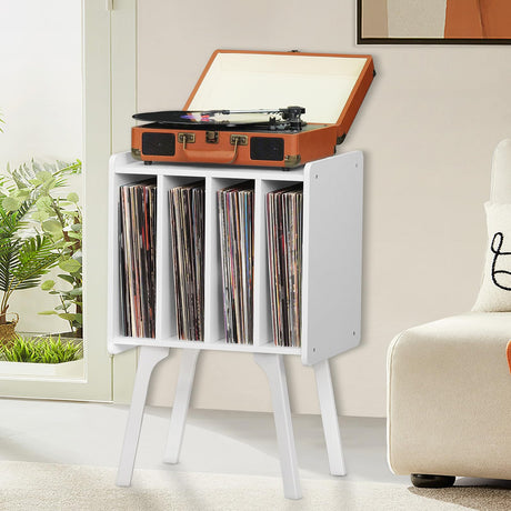 Lerliuo Record Player Stand with Storage Holds Up to 80 Albums, Turntable Stand with Beech Wood Legs, Mid-Century Record Player Table,White Vinyl Holder Display Shelf for Bedroom Living Room Lerliuo