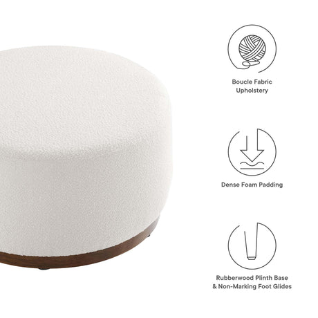 Modway Tilden 29 Inch Round Boucle Upholstered Ottoman in Cloud Walnut - Round Ottoman Coffee Table for Living Room - Large Ottoman Foot Rest with Rubberwood Plinth Base Modway