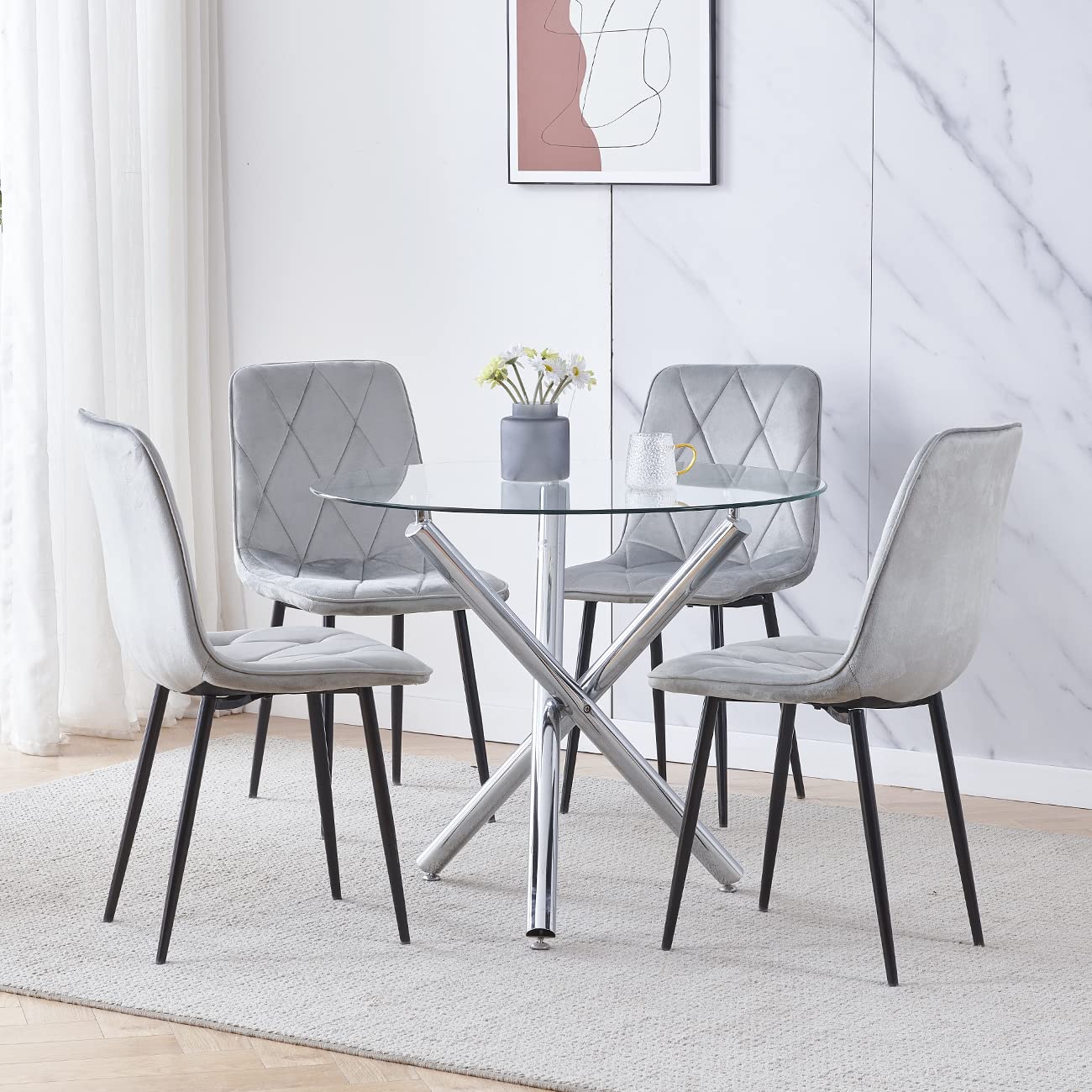 4HOMART Yvonne&F.L.A.M. 5 Pieces Round Clear Glass Dining Table and Velvet Chairs Set for 4 People Small Space, Modern Kitchen Dinette Table with Chairs Set of 4 - WoodArtSupply