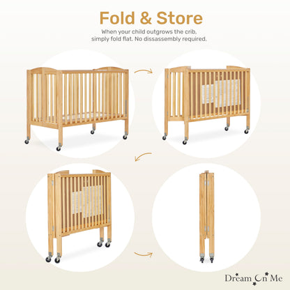 Dream On Me Folding Full Size Convenience Crib In Natural, Two Adjustable Mattress Height Positions, Comes With Heavy Duty Locking Wheels, Flat Folding