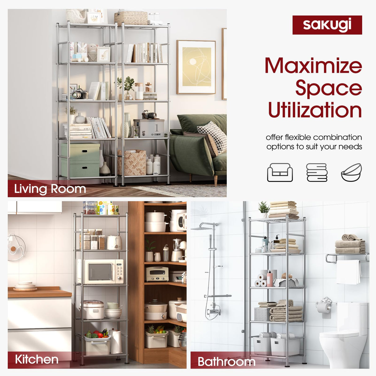 Sakugi Storage Shelves - Set of 2, 5-Tier Metal Shelf Organizer, Space-Saving Garage Shelving with Leveling Feet, Standing Shelves Organizer for Kitchen, Laundry, Pantry (18.4"x12.6"x57.4", Silver) Sakugi