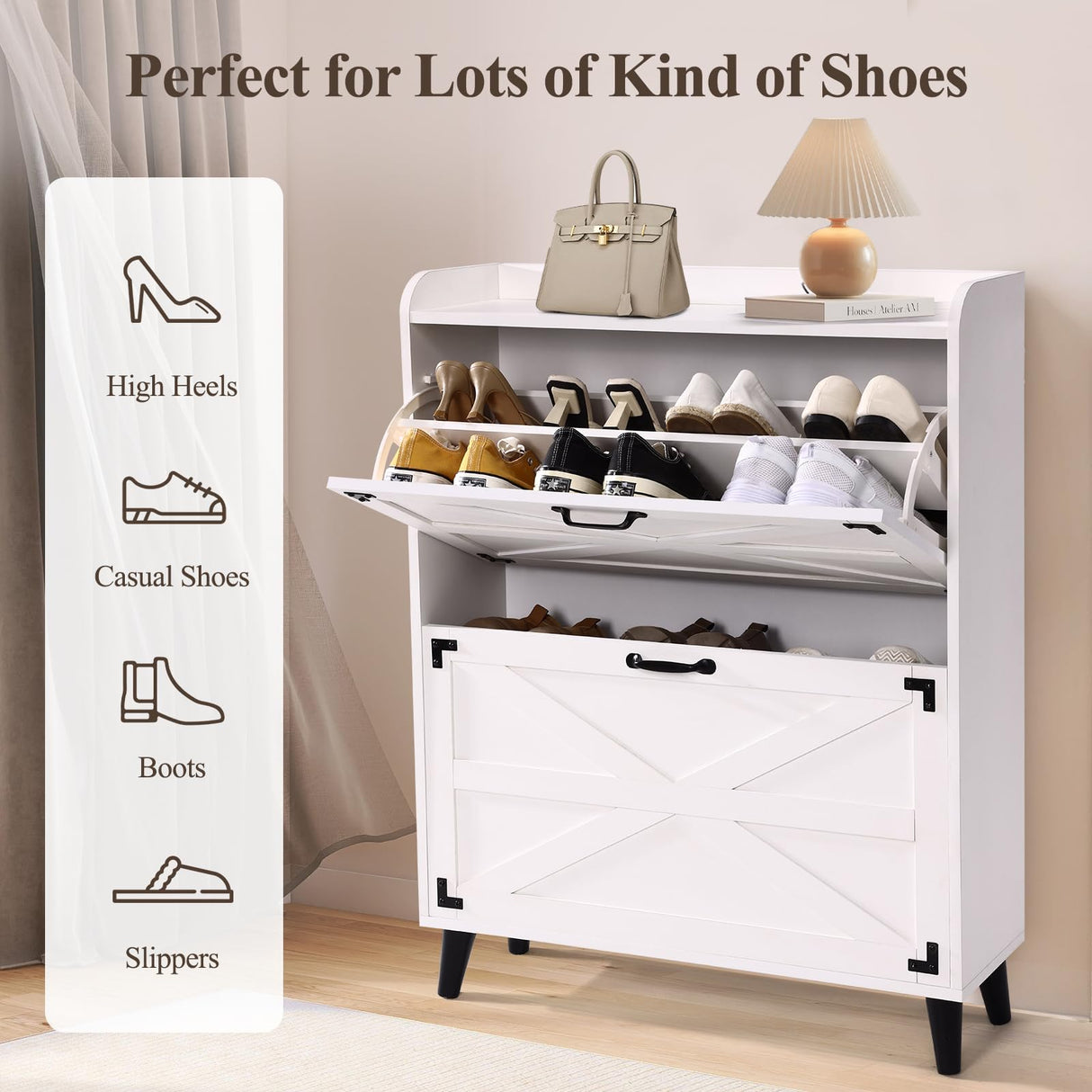Homdox Shoe Storage Cabinet with 2 Flip Drawers, Farmhouse Narrow Shoe Cabinet with Barn Door Design, Freestanding Hidden Slim Shoe Organizer Cabinet for Entryway, Foyer, Hallway, White Homdox