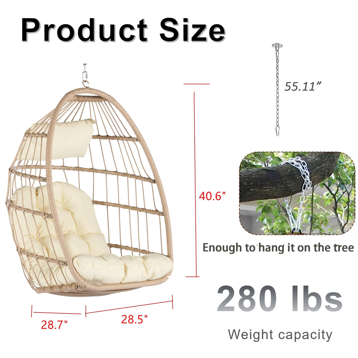 BRIGHTREE Wicker Egg Chair Without Stand,Indoor Outdoor 360 Swivel Hanging Egg Chair Rattan Patio Basket Chair no Stand Foldable Hammock Egg Chair with Cushion for Bedroom Balcony BRIGHTREE