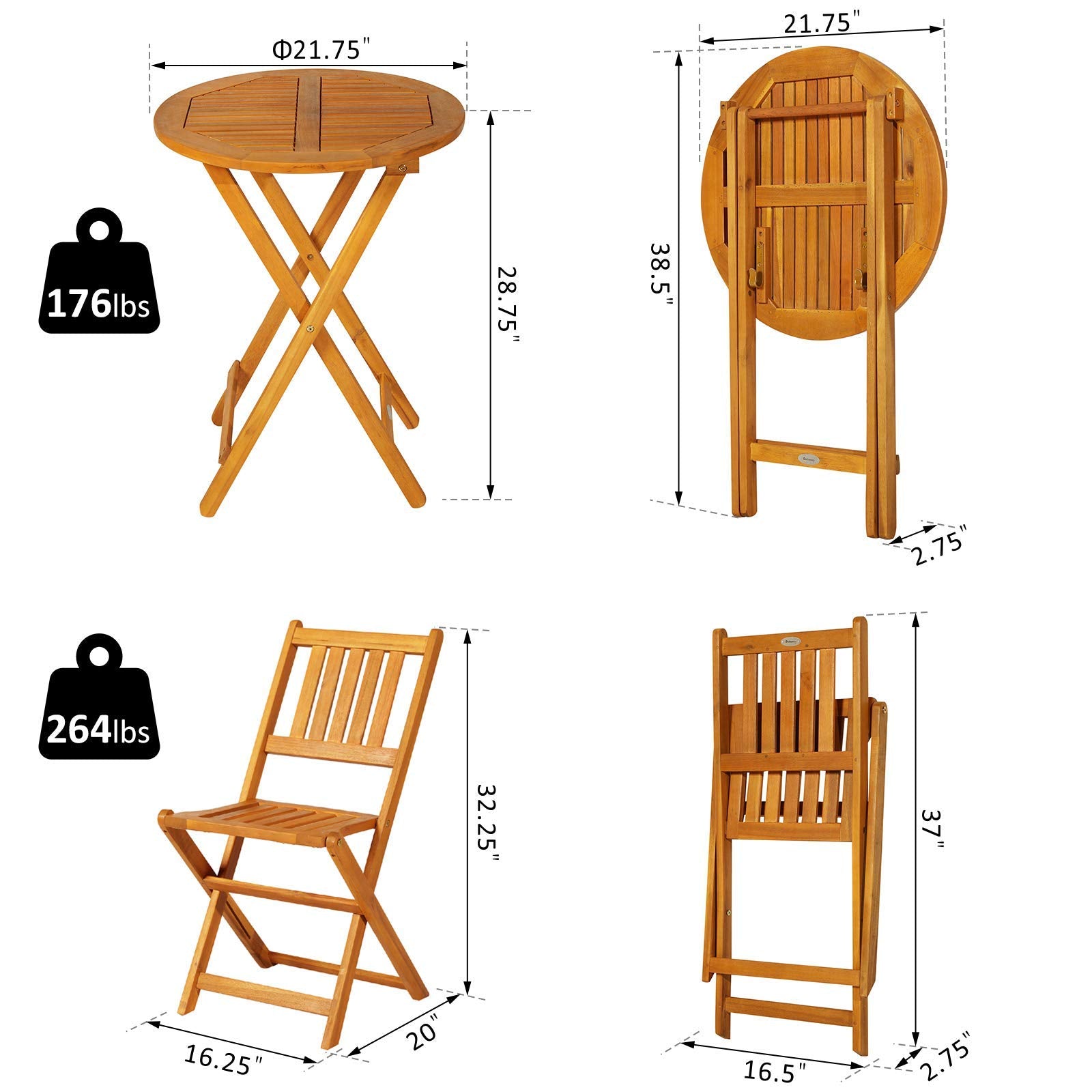 Outsunny 3-Piece Acacia Wood Bistro Set, Folding Patio Furniture with 2 Folding Chairs and Round Coffee Table, Teak, Slatted Finish, for Backyard, Balcony, Deck, Natural - WoodArtSupply