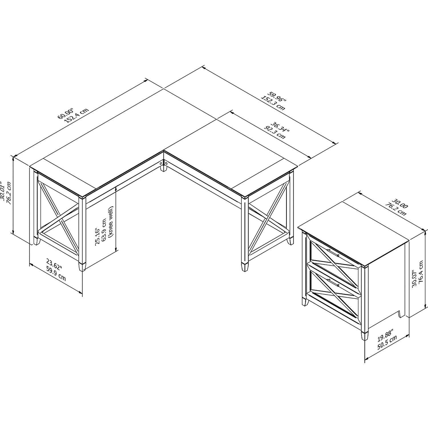 Bush Furniture Key West 60W L Shaped Desk with 2 Drawer Lateral File Cabinet in Pure White Oak - WoodArtSupply