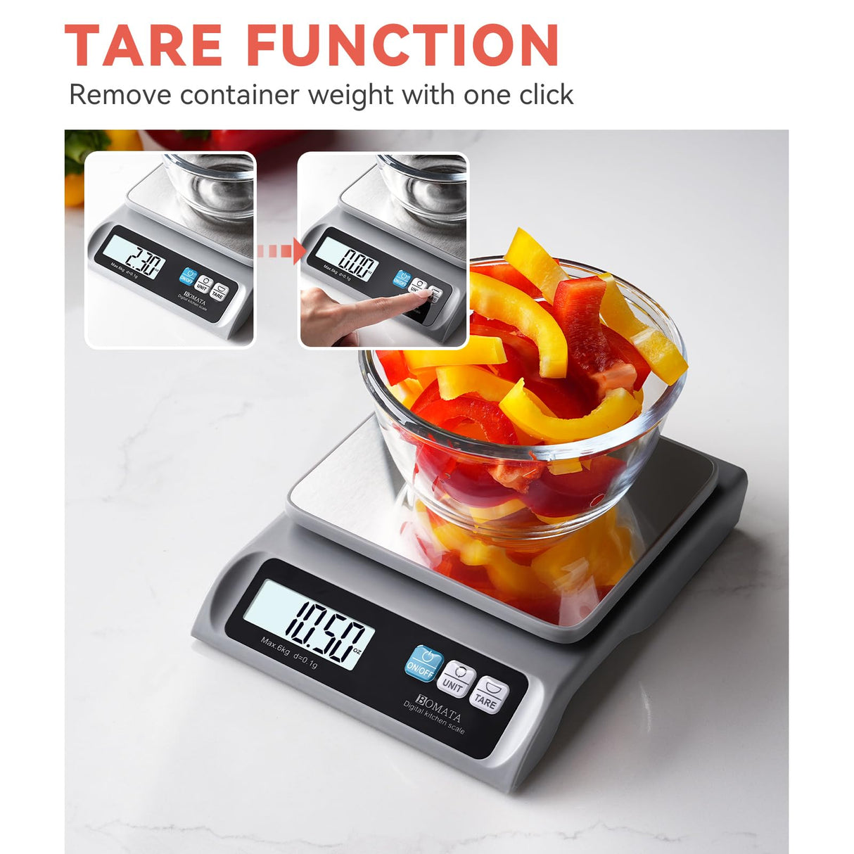 BOMATA 0.1g/ 13lb Food Scale, Digital Kitchen Scale with Removable Stainless Steel Pan, Backlit LCD Display, for Cooking, Baking B621 Grey BOMATA