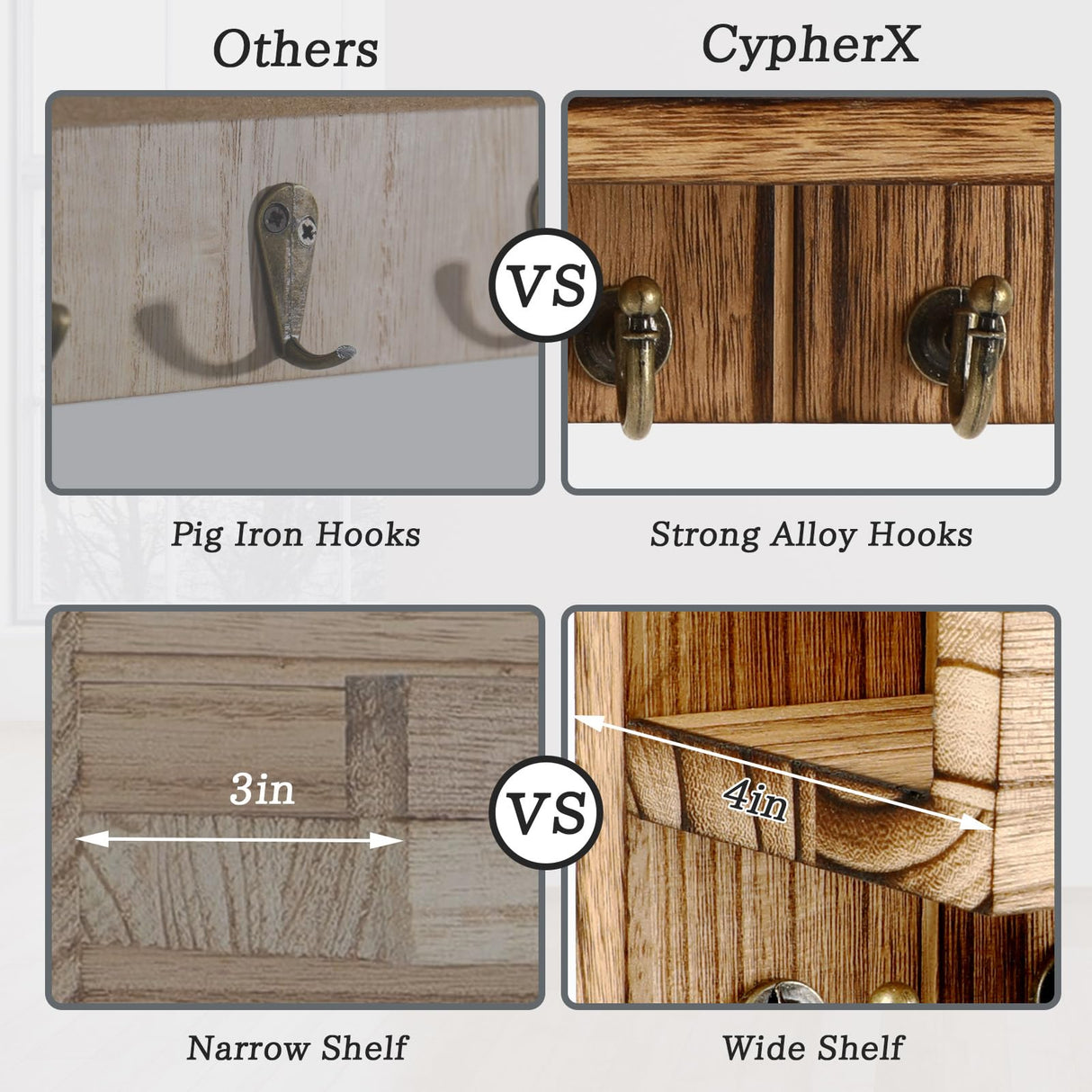 CypherX Key Holder Wall Mount, Decorative Key and Mail Holder for Wall w/Shelf, Farmhouse Wood Keys Organizer for Entryway Hallway Doorway- Home Wall Key Rack CypherX