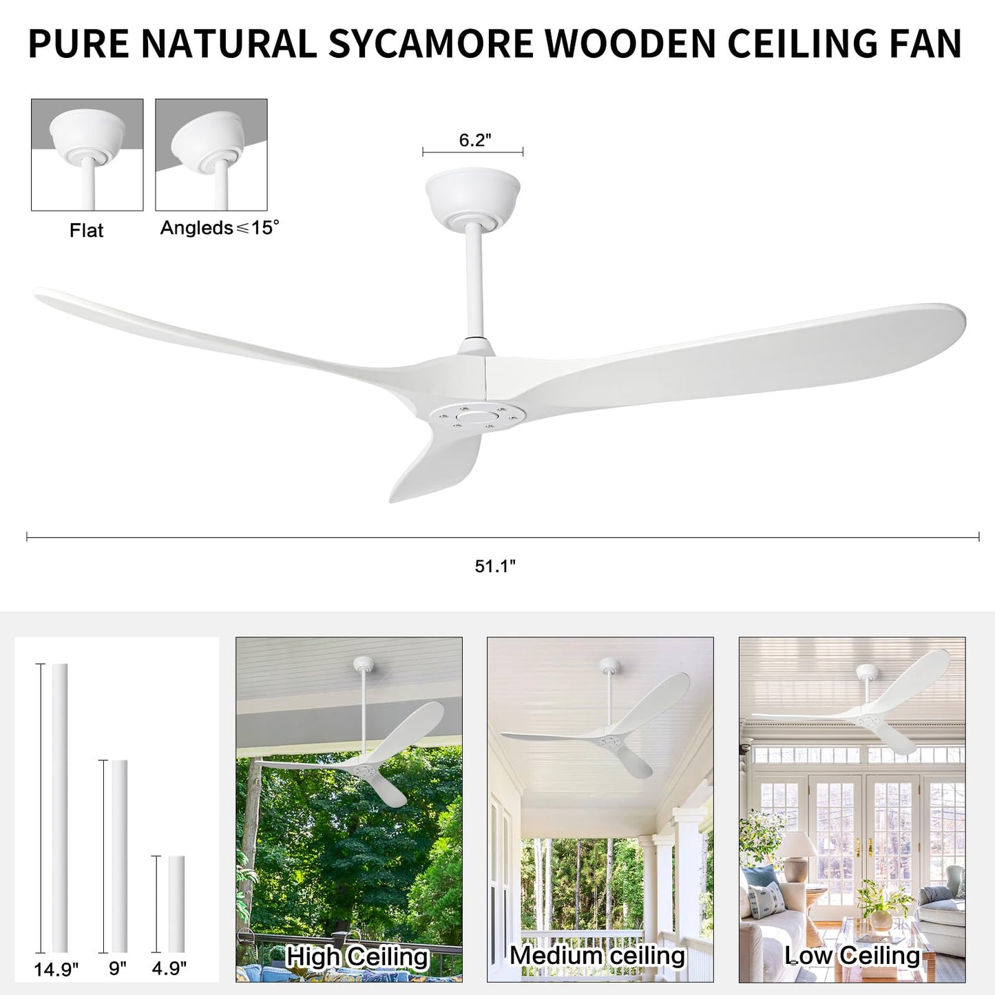 YKXONFA Solid Wood Ceiling Fans Without Light, 52 inch Real Wood Ceiling Fan with 6-Speeds 3 Wood Blades, Indoor Outdoor Ceiling Fans for Garage, Farmhouse, Living Room, Bedroom, Office