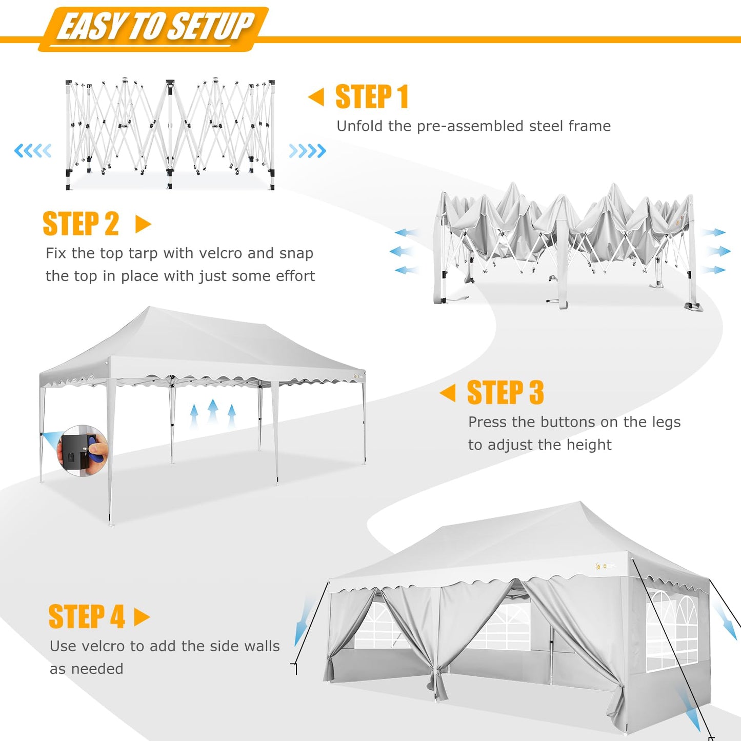 HOTEEL 10x20 Pop Up Canopy Tent for Parties, Waterproof Easy Setup Canopy Tent 10x20 with 6 Sidewalls, 4 Sandbags, Wheeled Bag, Outdoor Sunproof 10x20 Canopy for Backyard, Wedding, Event, Patio, White