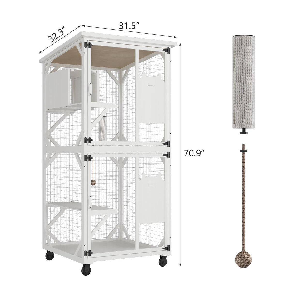 MODCART Catio Outdoor Cat Enclosure with Roof 71" Height Large Wooden Cat Cage with 3 Jumping Platforms and 1 Napping Houses for Cat (White) MODCART