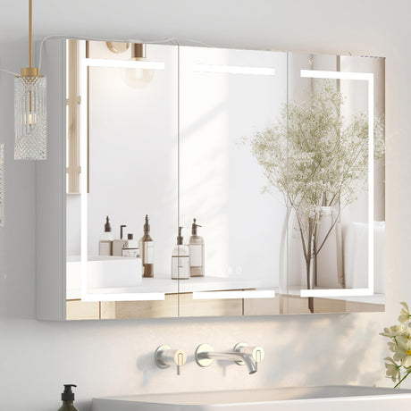 Large Medicine Cabinet, LED Lighted Medicine Cabinets with 3 Doors,Wall Mounted Bathroom Mirror with Storage,47inch,Defogger, Dimmable,Led Medicine Cabinet Mirror for Bathroom,47.2x 5.1x 30 In Mepplzian