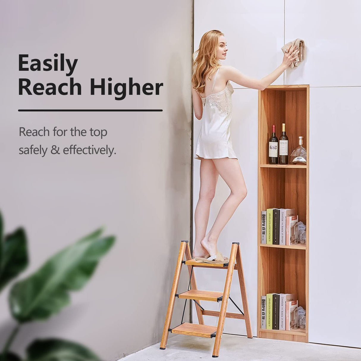 SOLADDER 3 Step Ladder Anti-Slip Foldable Step Stool Aluminum Lightweight with Wide Pedal for Home and Kitchen Space Saving - Woodgrain (330 lbs) Soladder