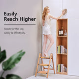 SOLADDER 3 Step Ladder Anti-Slip Foldable Step Stool Aluminum Lightweight with Wide Pedal for Home and Kitchen Space Saving - Woodgrain (330 lbs) Soladder