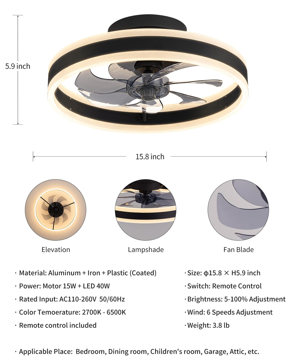 KDG 15.8" Low Profile LED Ceiling Fans with Light, Reversible Flush Mount with Remote and 6 Winds Speeds Fan Lighting, 3 Colors Dimmable for Bedroom, Living Room, Kids, Dinning Room, Kitchen (Black) KDG