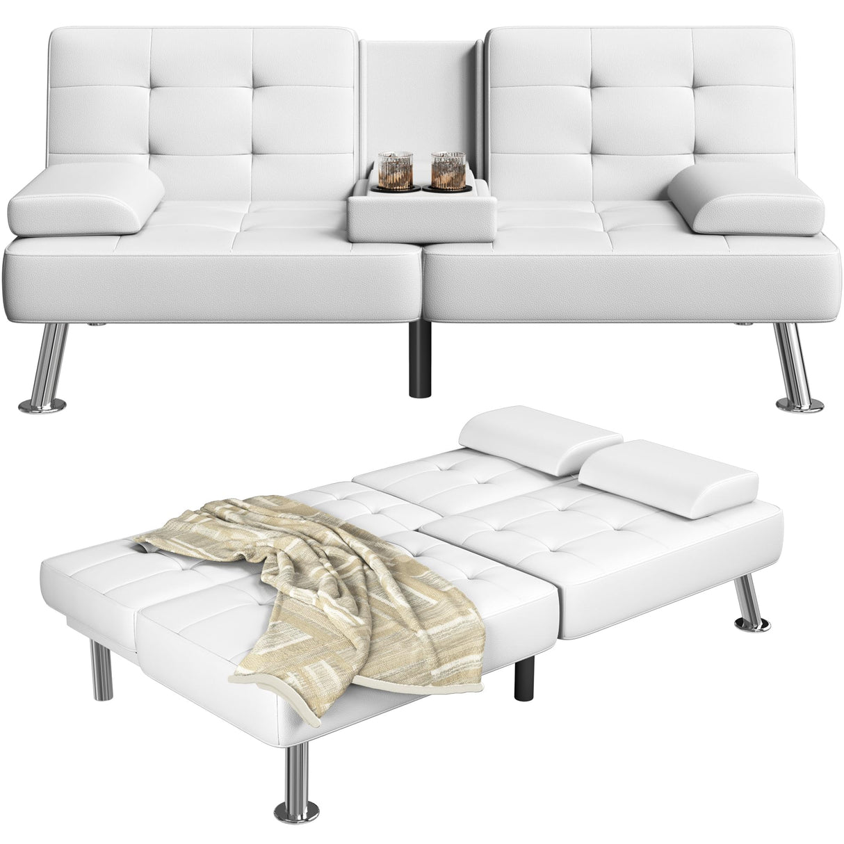 Furmax Futon Sofa Bed Adjustable Futon Couch Sleeper Sofa Bed for Living Room, Business Office, Recliner Sofa with Cup Holders (PU Leather, White) Furmax