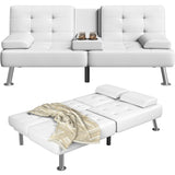 Furmax Futon Sofa Bed Adjustable Futon Couch Sleeper Sofa Bed for Living Room, Business Office, Recliner Sofa with Cup Holders (PU Leather, White) Furmax