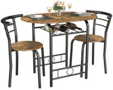 JUMMICO 3-Piece Wooden Round Table & Chair Set, Space Saving Kitchen Breakfast Nook Wood Grain Tabletop with Metal Frame and Built-in Wine Rack for JUMMICO