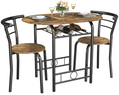 JUMMICO 3-Piece Wooden Round Table & Chair Set, Space Saving Kitchen Breakfast Nook Wood Grain Tabletop with Metal Frame and Built-in Wine Rack for