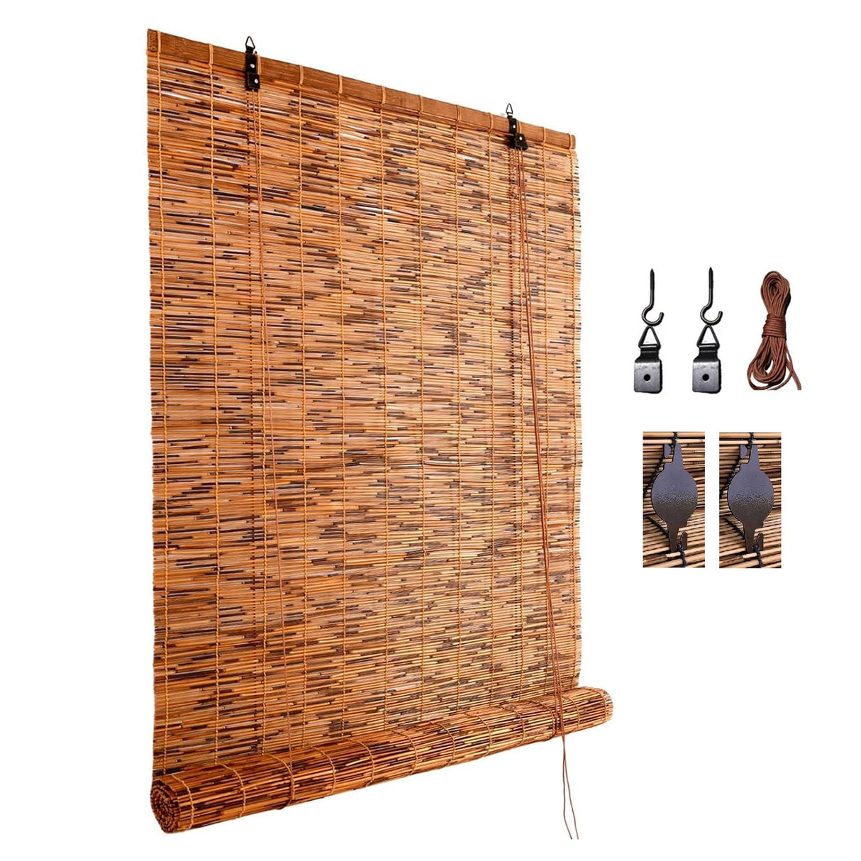 Bamboo Roller Blinds for Living Room Windows, Sun Bamboo Window Blind 15" 20" 22" 24" 26" 28" 30" 32" 34" 36" 38" 40" 42" 44" 46" 48" 50" 52" 57" 62" 67" 72" Roll-up Shade Customizable Cordless Cocoa WoodArtSupply