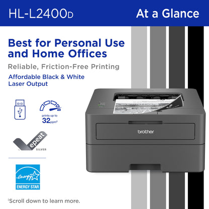 Brother HL-L2400D Compact Monochrome Laser Printer with Duplex Printing, USB Required (Cable not Included), Black & White Output