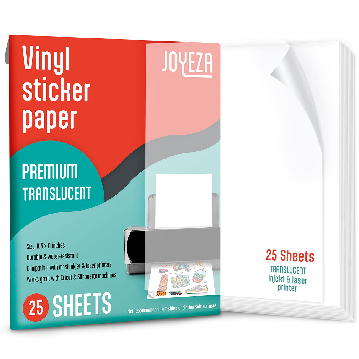 JOYEZA Premium Printable Vinyl Clear Sticker Paper for Inkjet Printer - 25 Sheets Translucent Waterproof, Dries Quickly Vivid Colors, Holds Ink well - Inkjet & Laser Printer JOYEZA