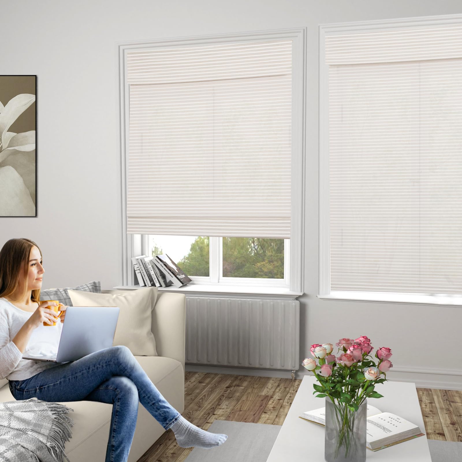 Comzone Blinds Cordless Blackout Bamboo Shades - Modern White Natural Woven Roman Blinds for Easy Installation and Room Darkening - WoodArtSupply