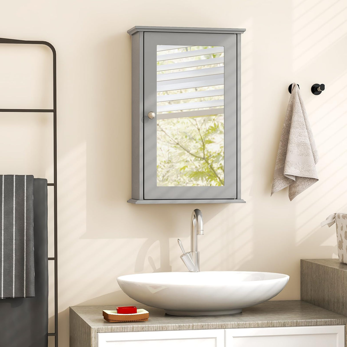 Tangkula Bathroom Medicine Cabinet with Mirror, Wall Mounted Single Mirror Door Storage Cabinet w/Adjustable Shelf, Wall Cabinet w/Reversible Door for Bathroom Living Room Hallway (Grey) Tangkula