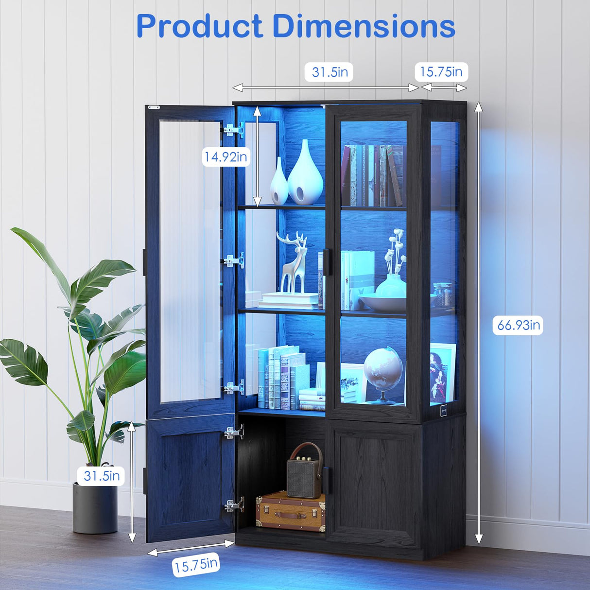 BROTTAR Display Cabinet with Glass Doors, Curio Cabinet with 3 Shelves, Bookcase with LED Lights, Storage Cabinet with Magnetic Lock & Buffer Hinge BROTTAR