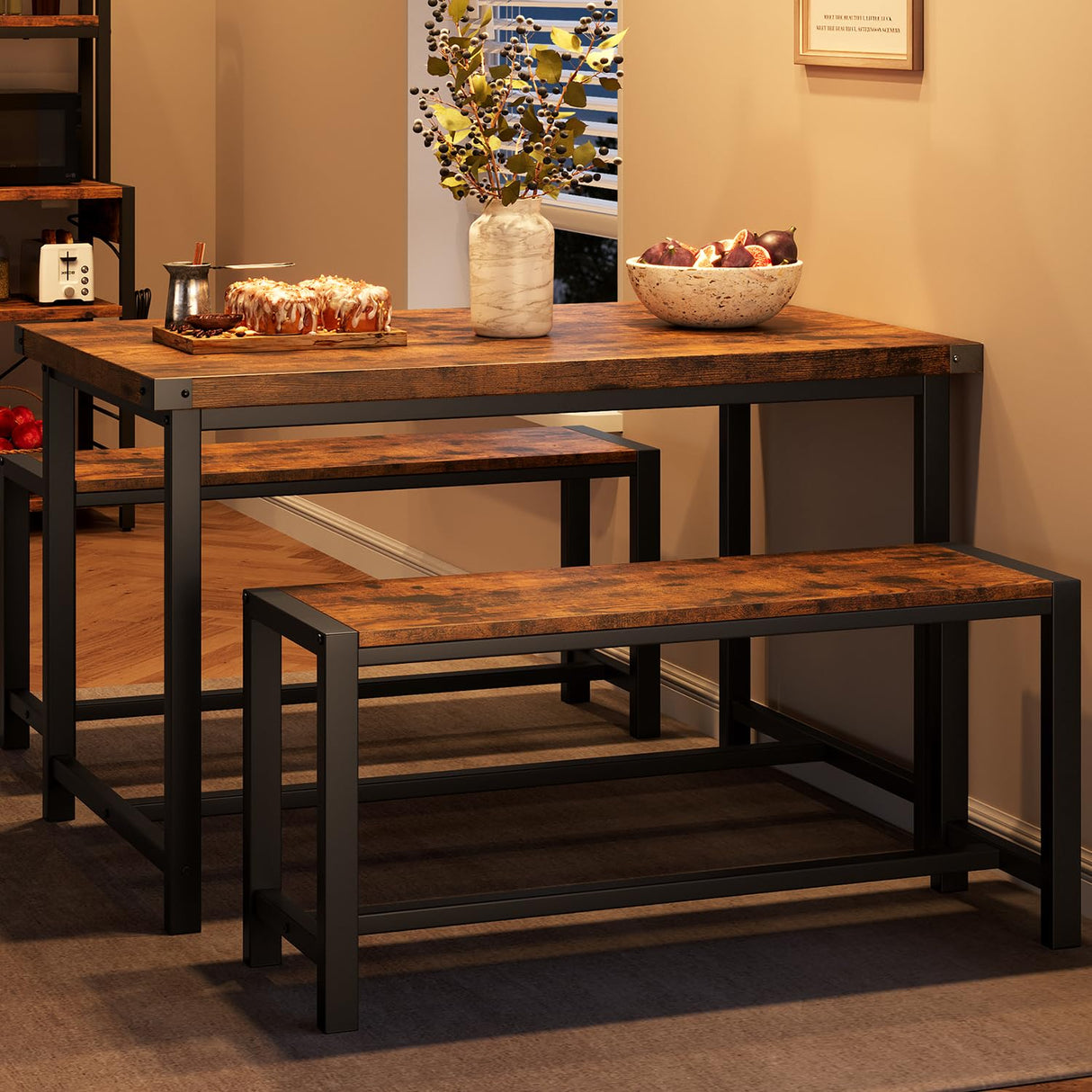 IDEALHOUSE Dining Table Set for 4, Kitchen Table with Benches, Rectangular Dining Room Table Set with 2 Metal Wood Benches, 3 Piece Dining Table Set for Small Space, Apartment, Dinette, Retro Brown IDEALHOUSE